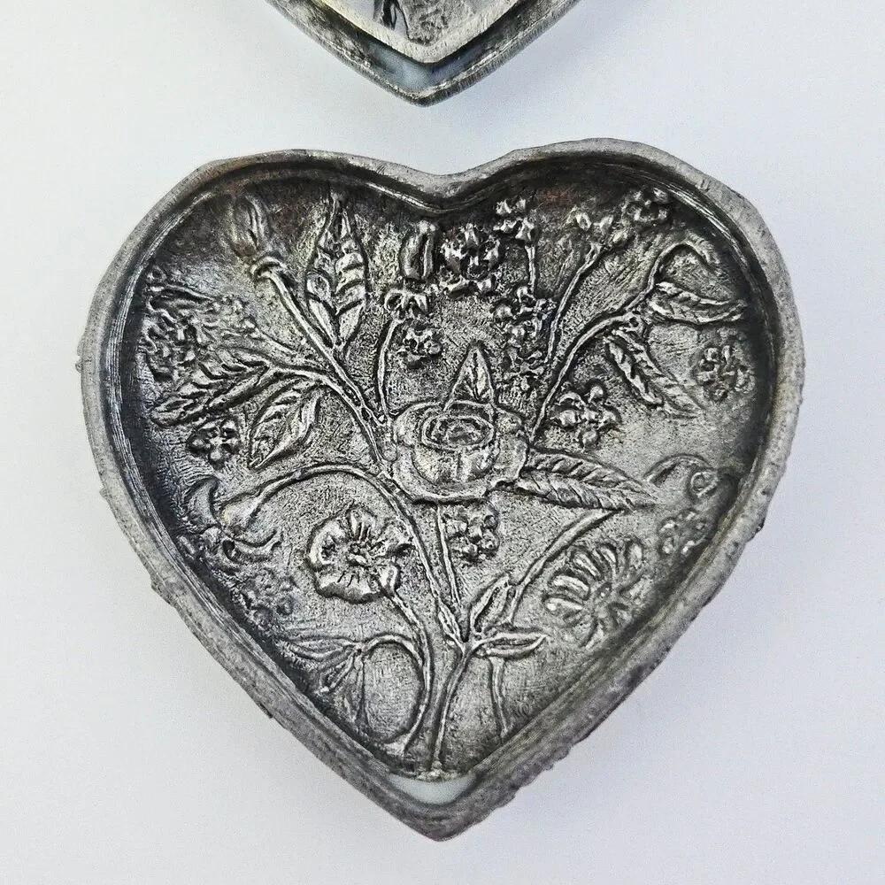 Vintage Metzke Heart Shape Pewter Trinket Jewelry Box Pewter Roses Floral 70s